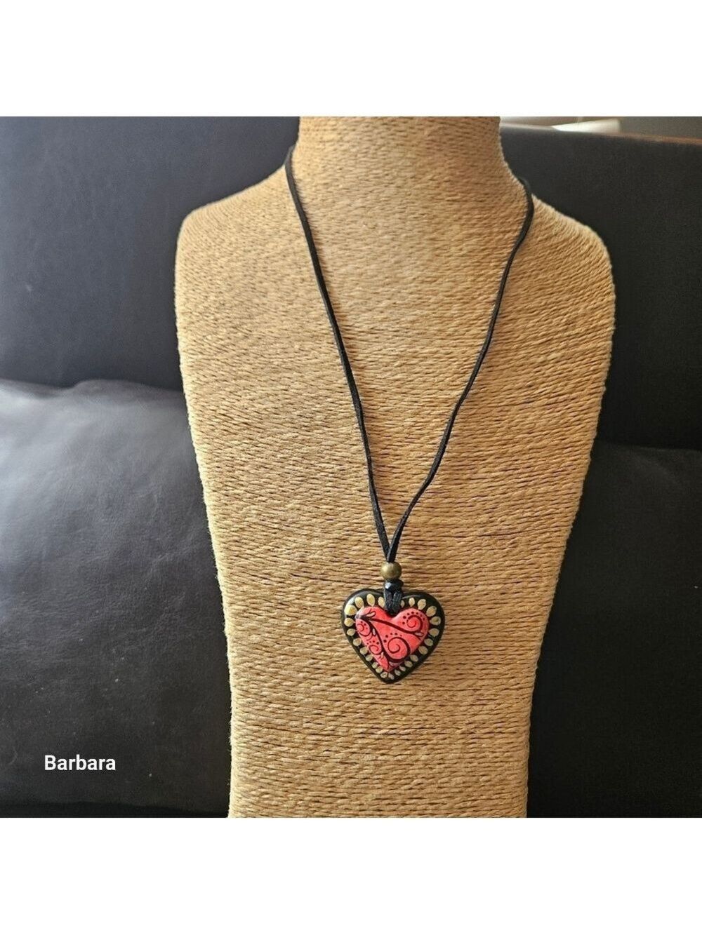 Vintage Edith Orozco Papier Mache Handmade Heart Pendant Necklace